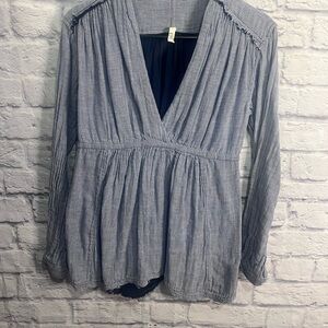 Free people XS blue & white stripes baby doll tie back top nautical V-neck